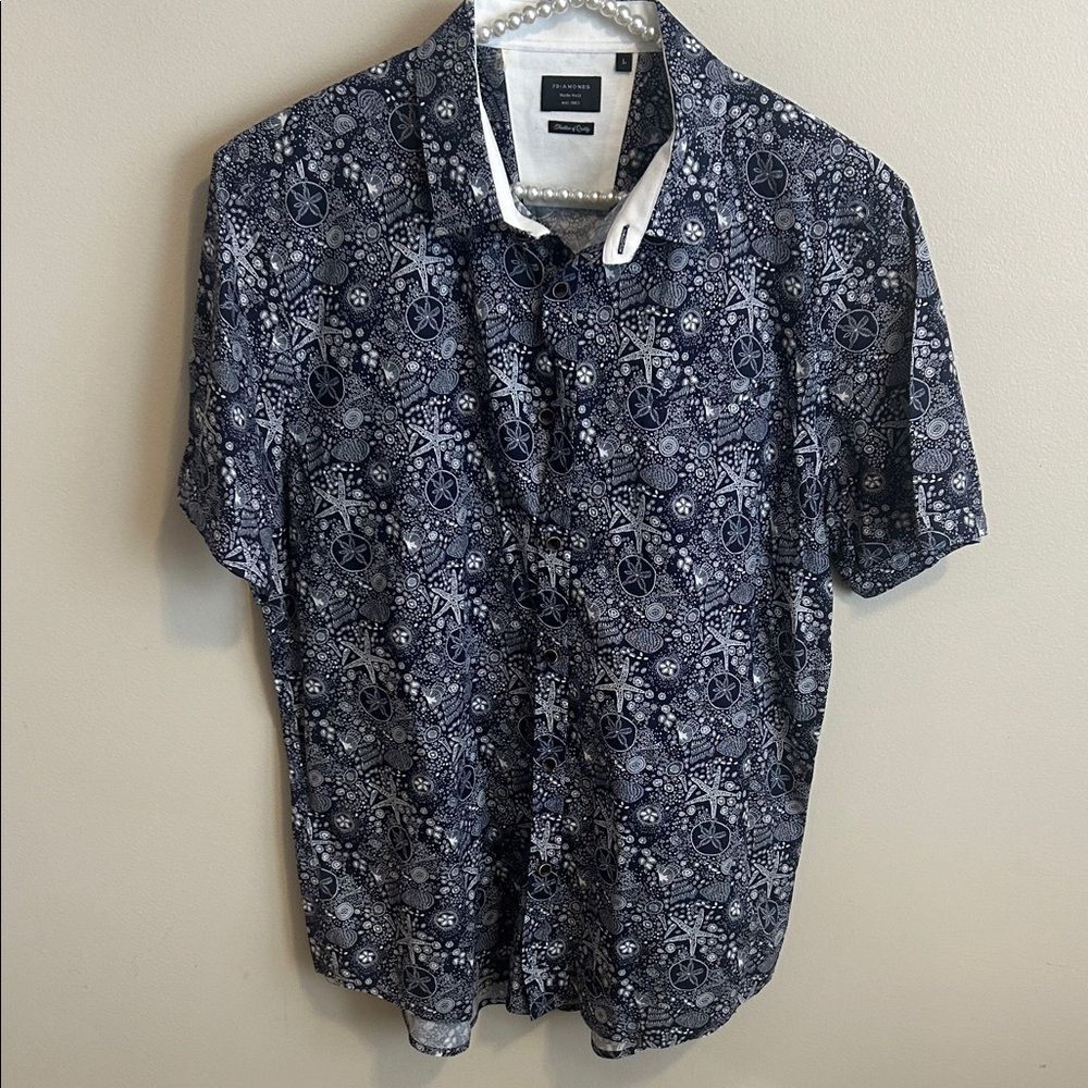 7 Diamonds Men's Large Blue Starfish Sand Dollar Print Short Sleeve Shirt